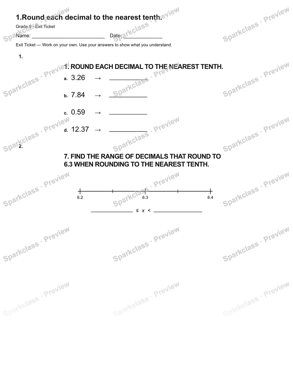 1.Round each decimal to the nearest tenth. — Exit Ticket — Grade 5 worksheet preview