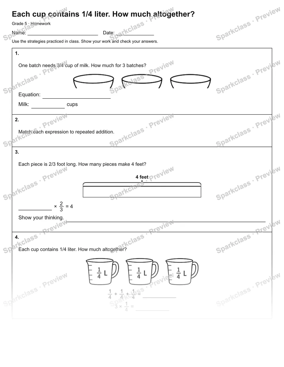 Each cup contains 1/4 liter. How much altogether? — Homework — Grade 5 worksheet preview
