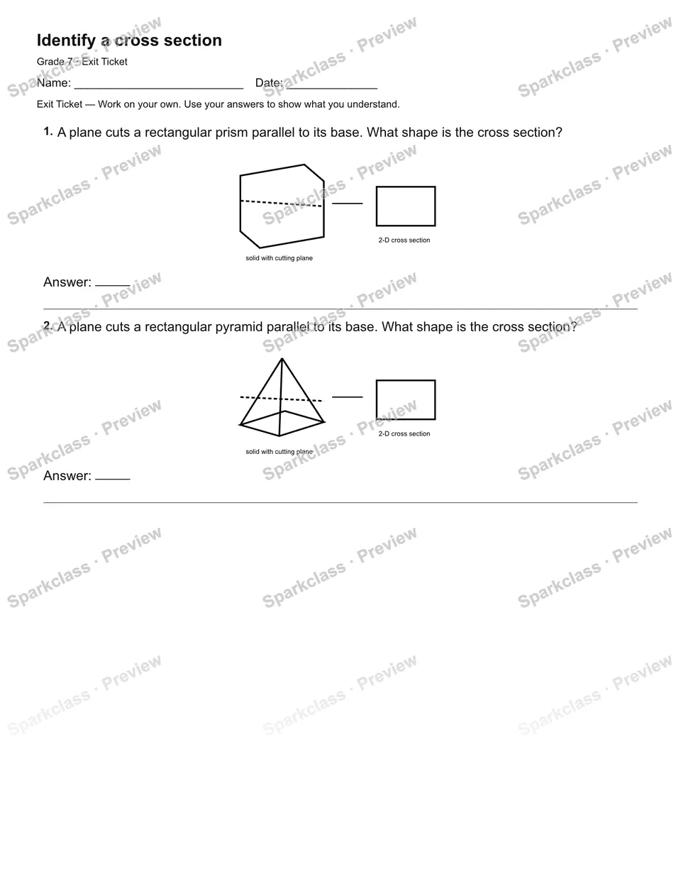 Identify a cross section — Exit Ticket — Grade 7 worksheet preview