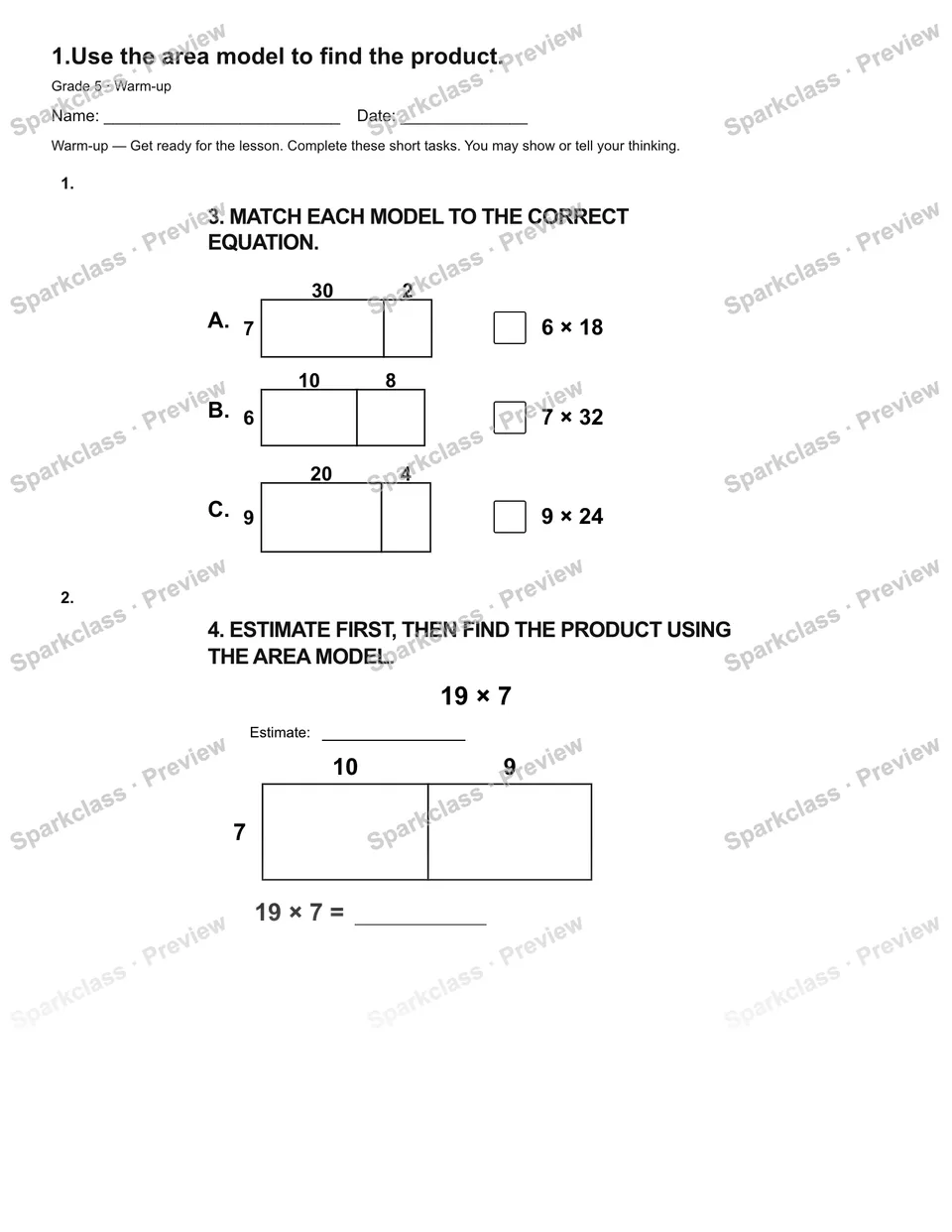 1.Use the area model to find the product. — Warm-up — page 2