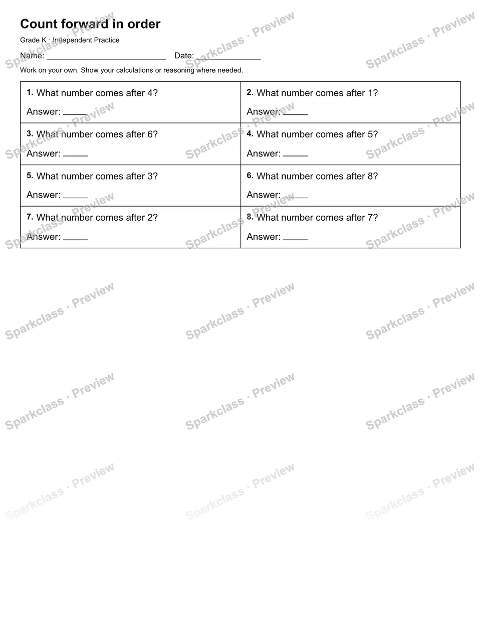 Count forward in order — Independent Practice — Kindergarten worksheet preview