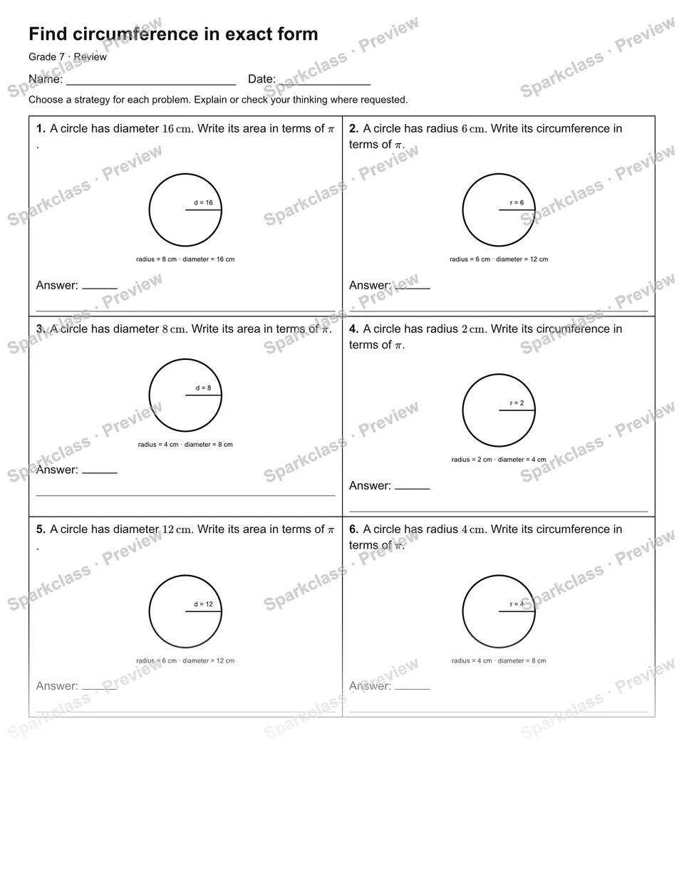 Find circumference in exact form — Review — Grade 7 worksheet preview