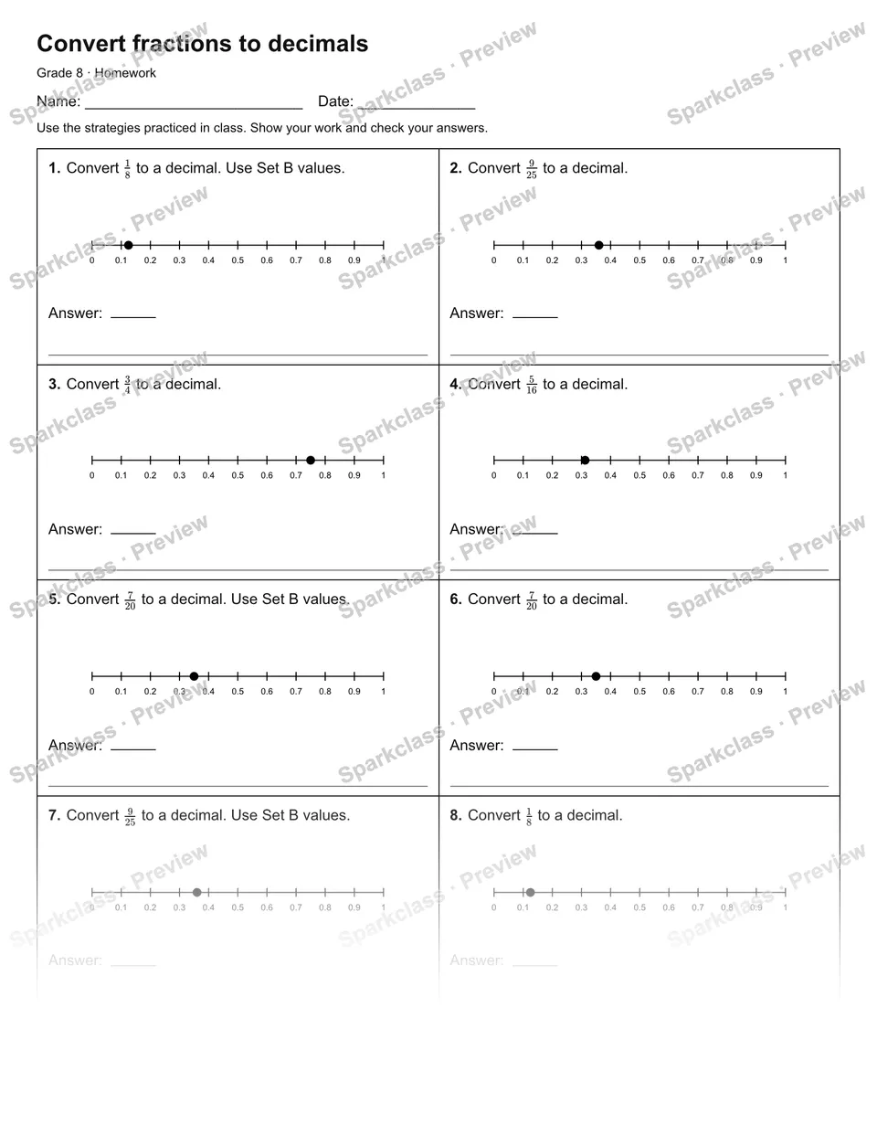 Convert fractions to decimals — Homework — Grade 8 worksheet preview