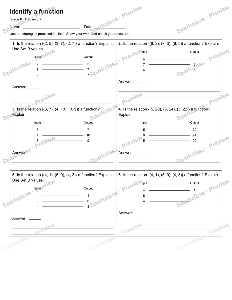 Identify a function — Homework — Grade 8 worksheet preview