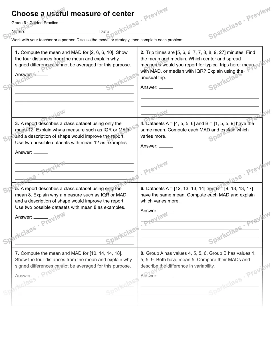 Choose a useful measure of center — Guided Practice — Grade 6 worksheet preview