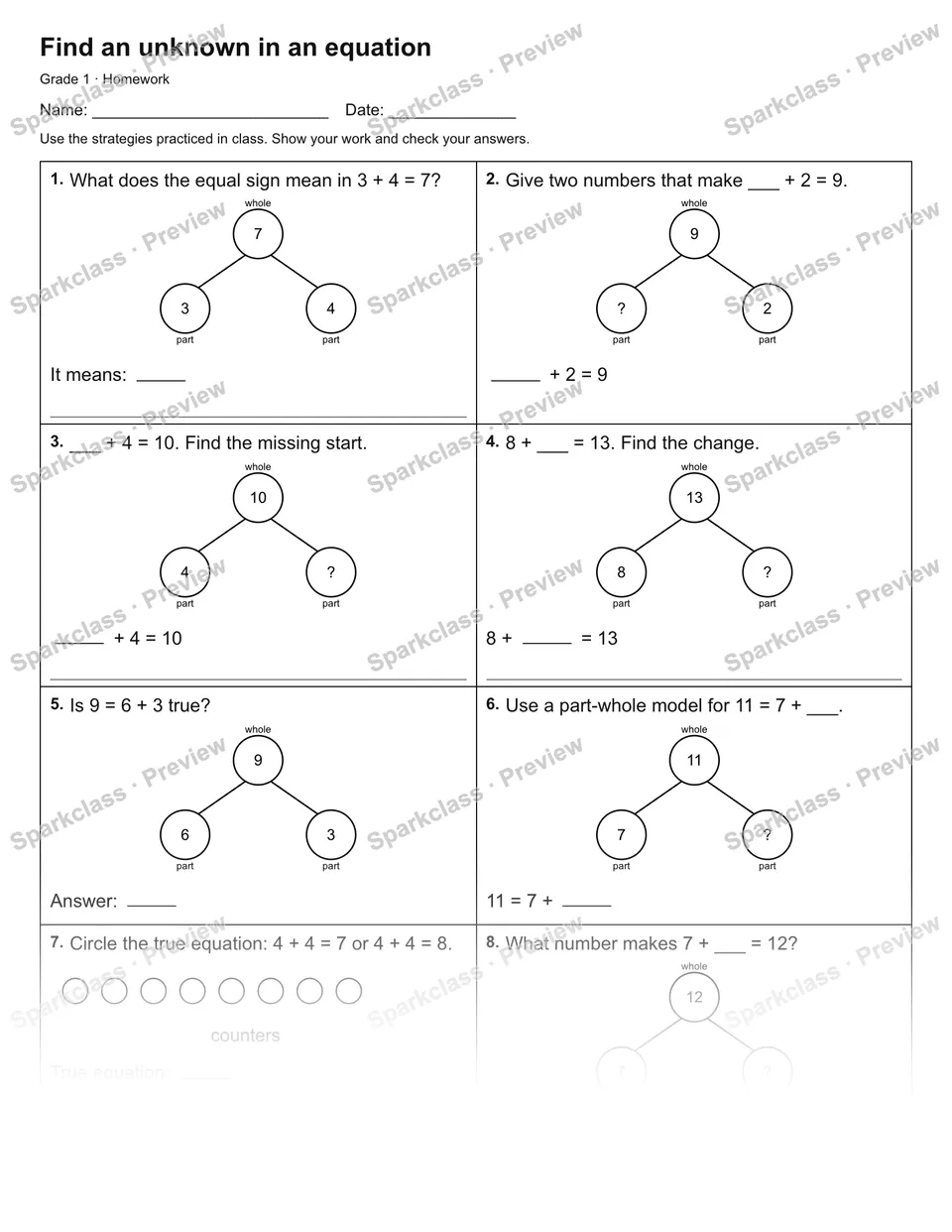 Find an unknown in an equation — Homework — Grade 1 worksheet preview