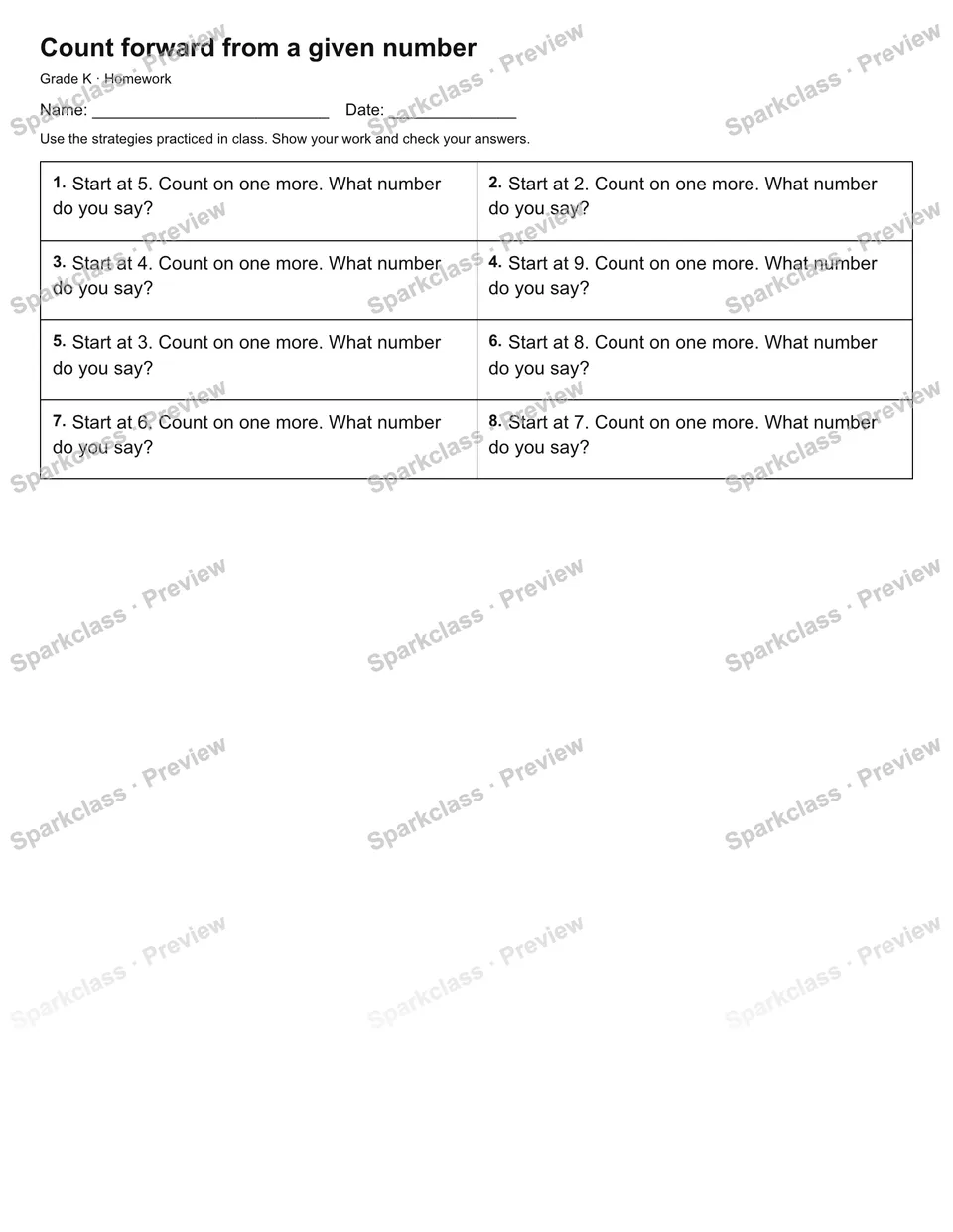 Count forward from a given number — Homework — Kindergarten worksheet preview