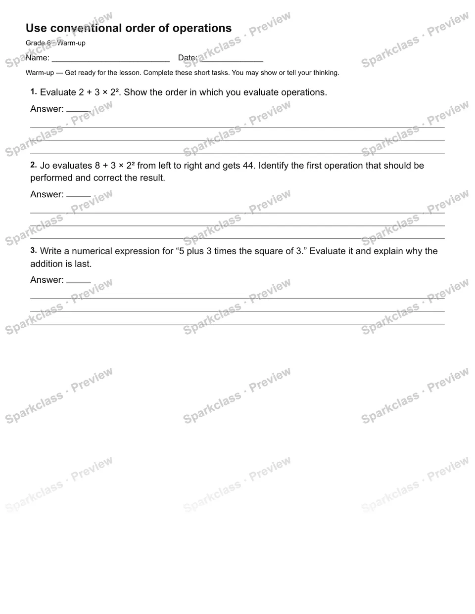 Use conventional order of operations — Warm-up — Grade 6 worksheet preview