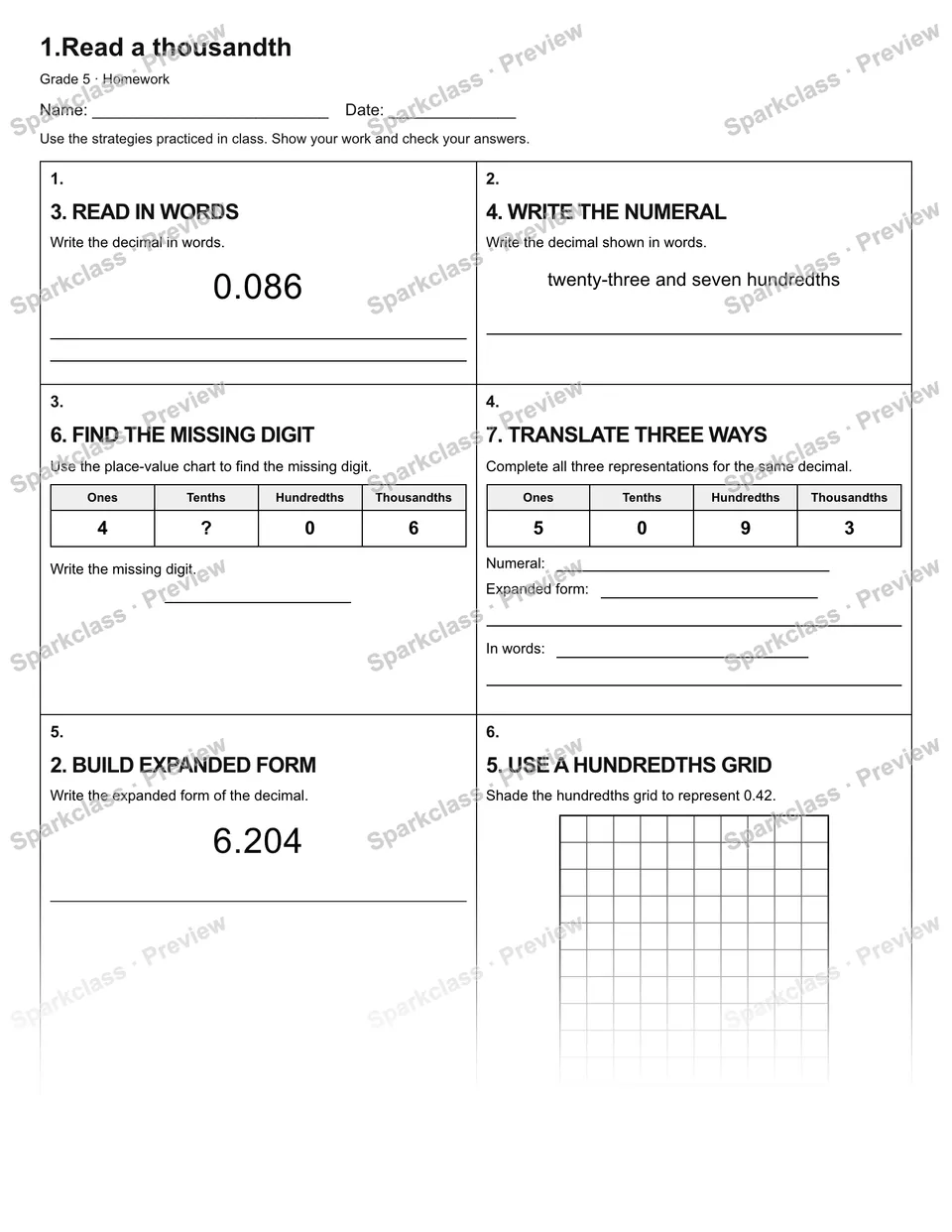 1.Read a thousandth — Homework — Grade 5 worksheet preview