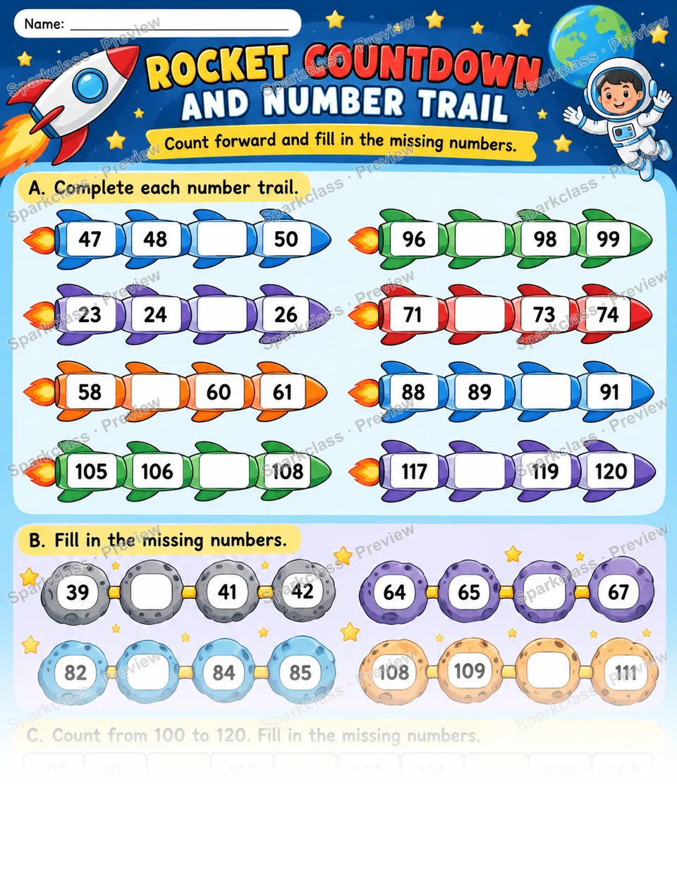 Rocket Countdown 120 — Grade 1 worksheet preview