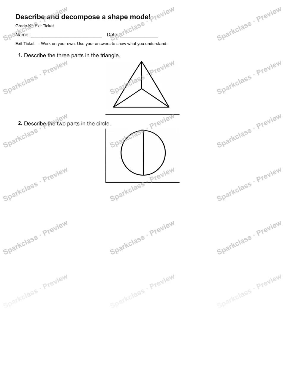 Describe and decompose a shape model — Exit Ticket — Kindergarten worksheet preview