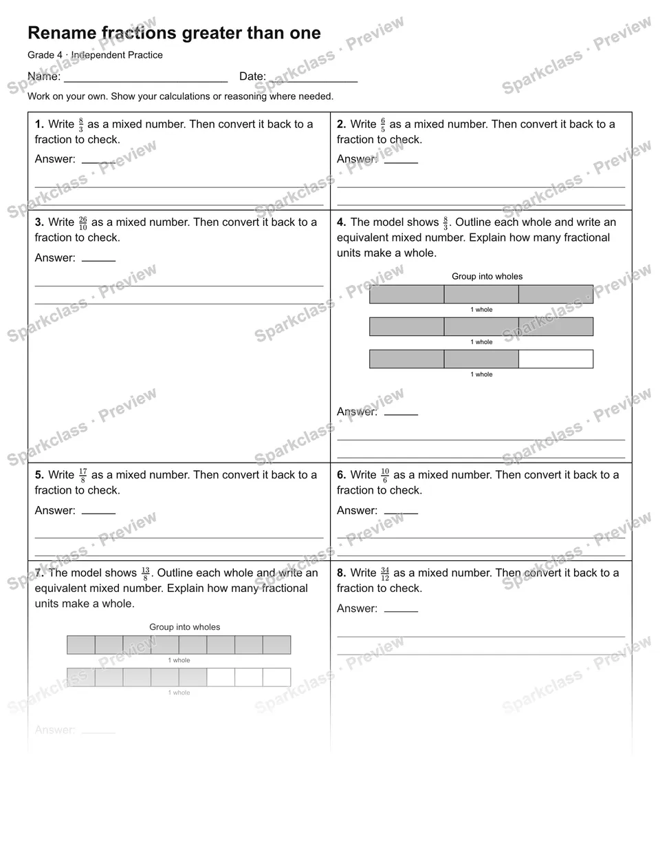 Rename fractions greater than one — Independent Practice — Grade 4 worksheet preview