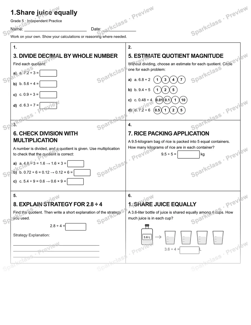 1.Share juice equally — Independent Practice — Grade 5 worksheet preview