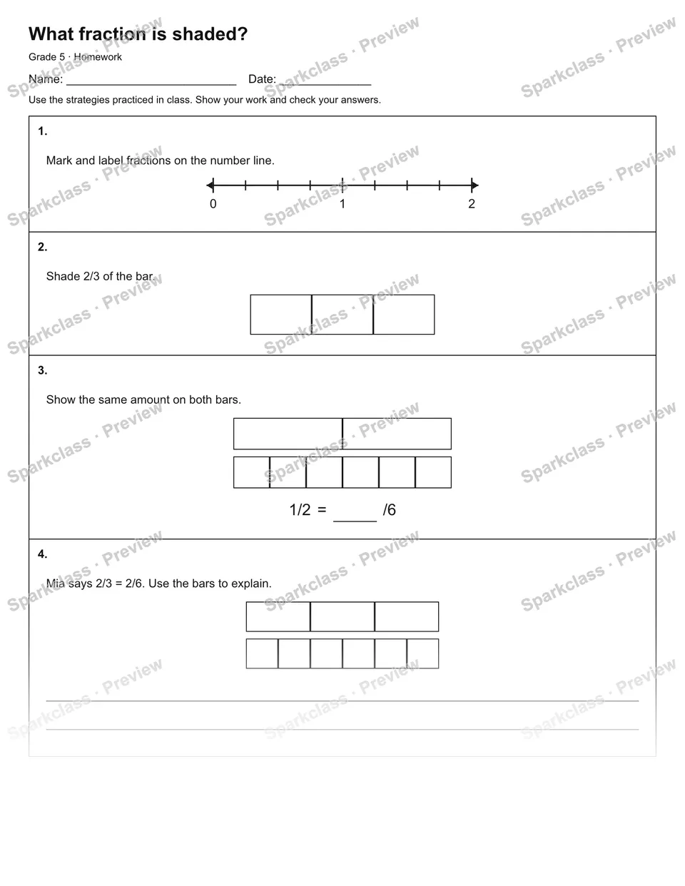 What fraction is shaded? — Homework — Grade 5 worksheet preview