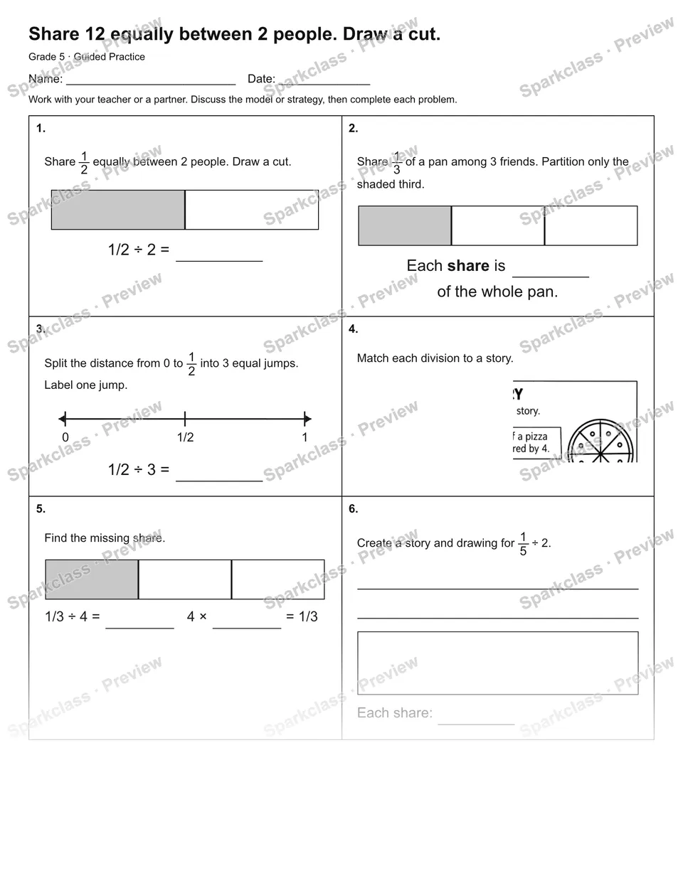 Share 12 equally between 2 people. Draw a cut. — Guided Practice — Grade 5 worksheet preview