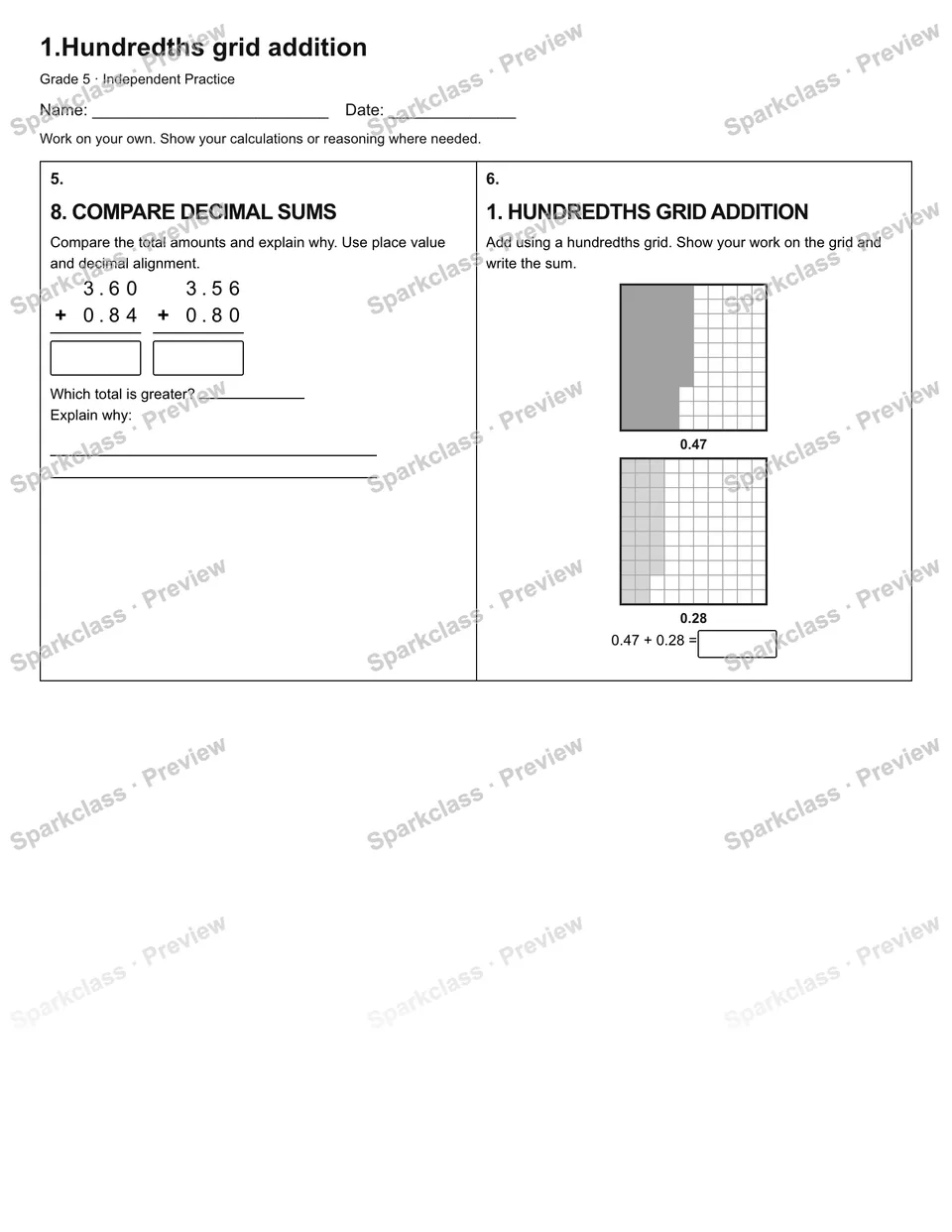 1.Hundredths grid addition — Independent Practice — page 2