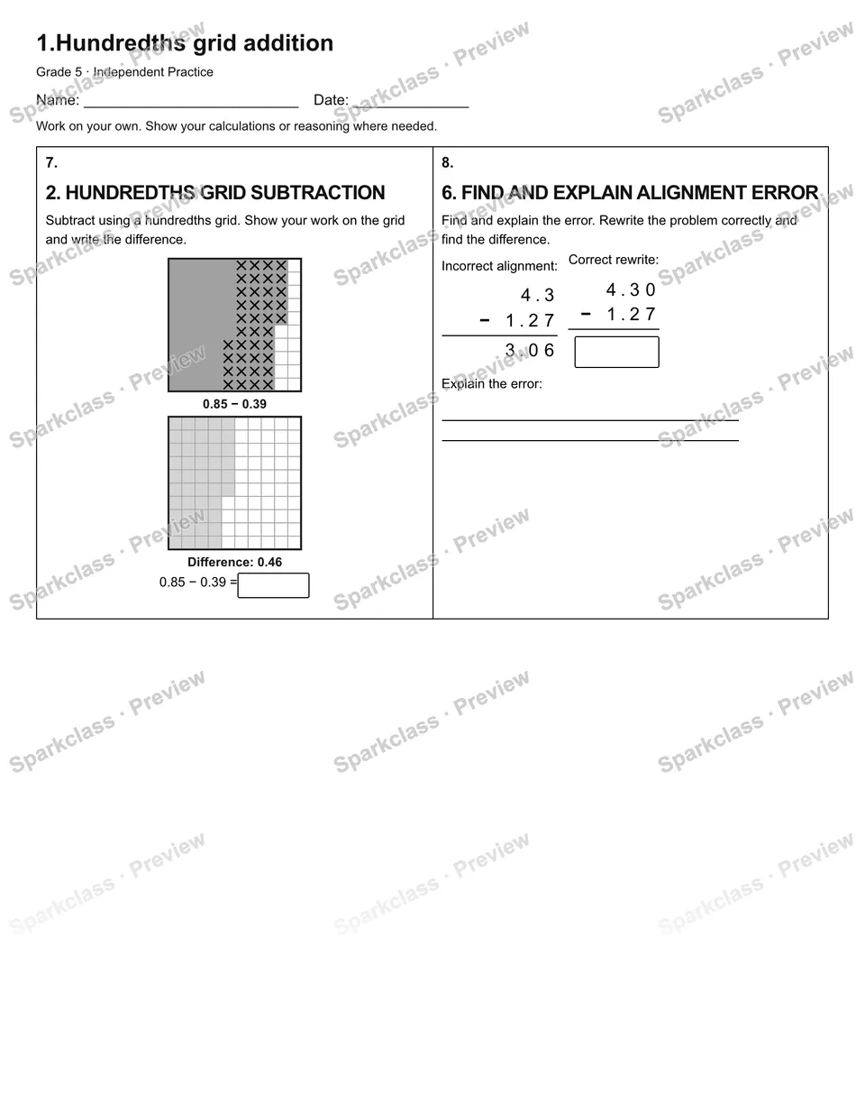 1.Hundredths grid addition — Independent Practice — page 3