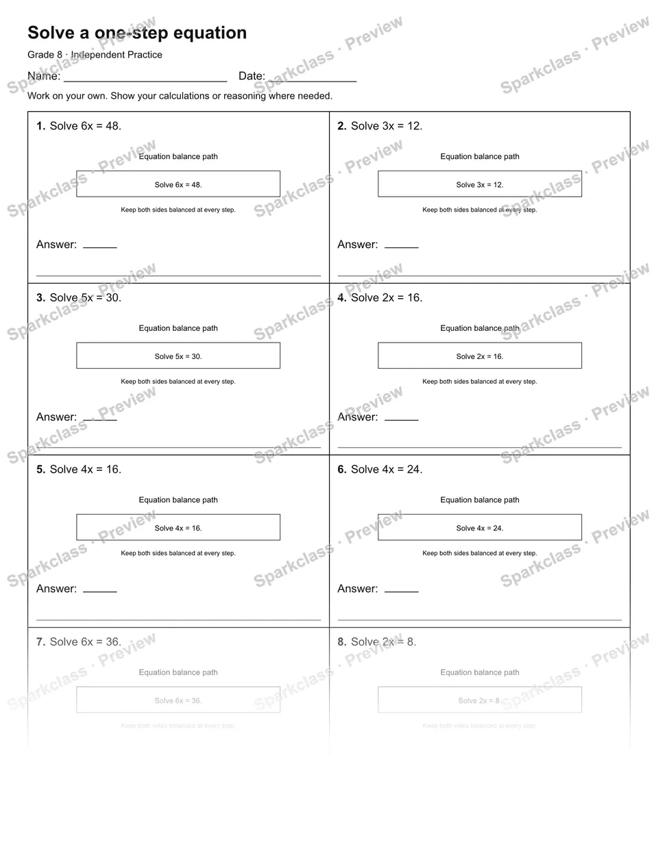 Solve a one-step equation — Independent Practice — Grade 8 worksheet preview