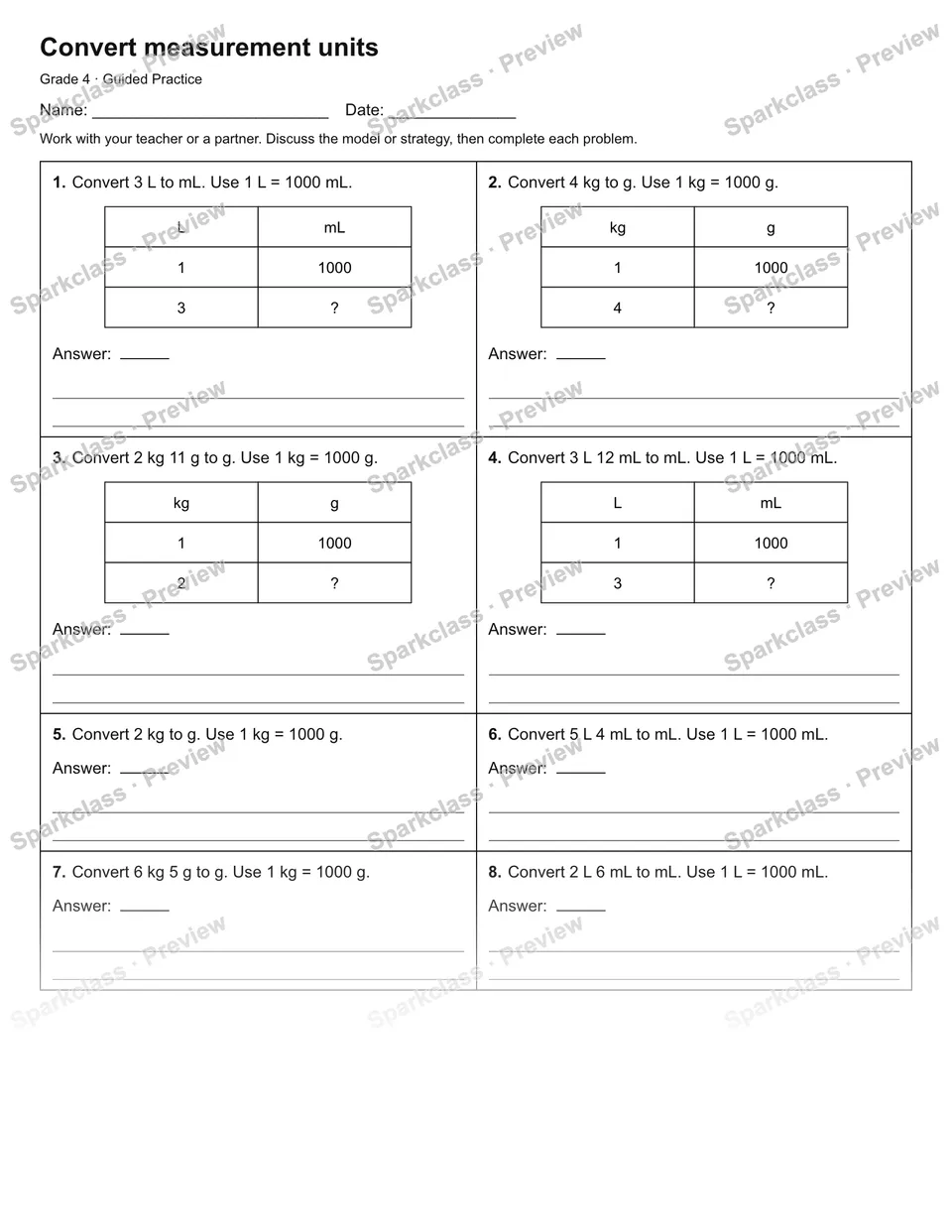 Convert measurement units — Guided Practice — Grade 4 worksheet preview