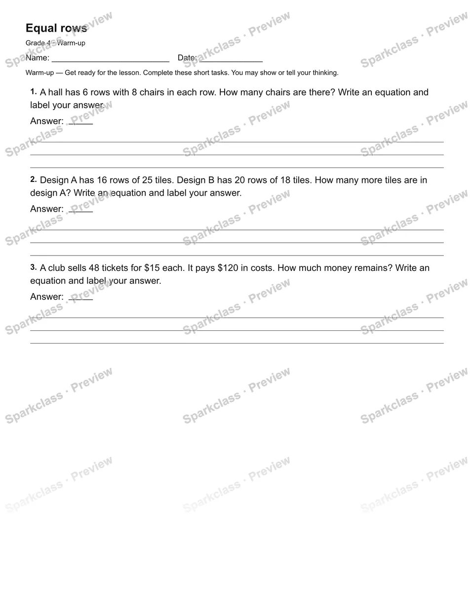 Equal rows — Warm-up — Grade 4 worksheet preview