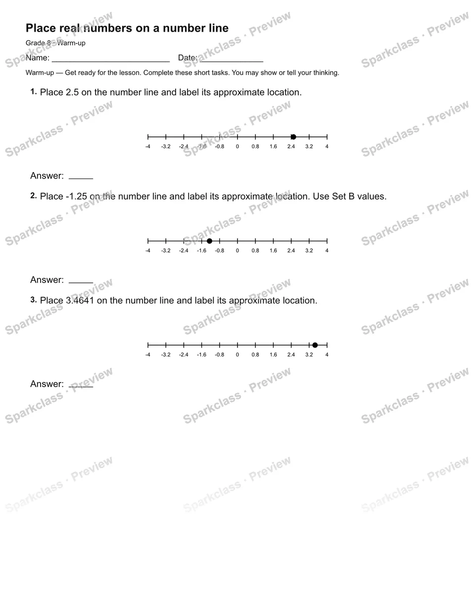 Place real numbers on a number line — Warm-up — page 2