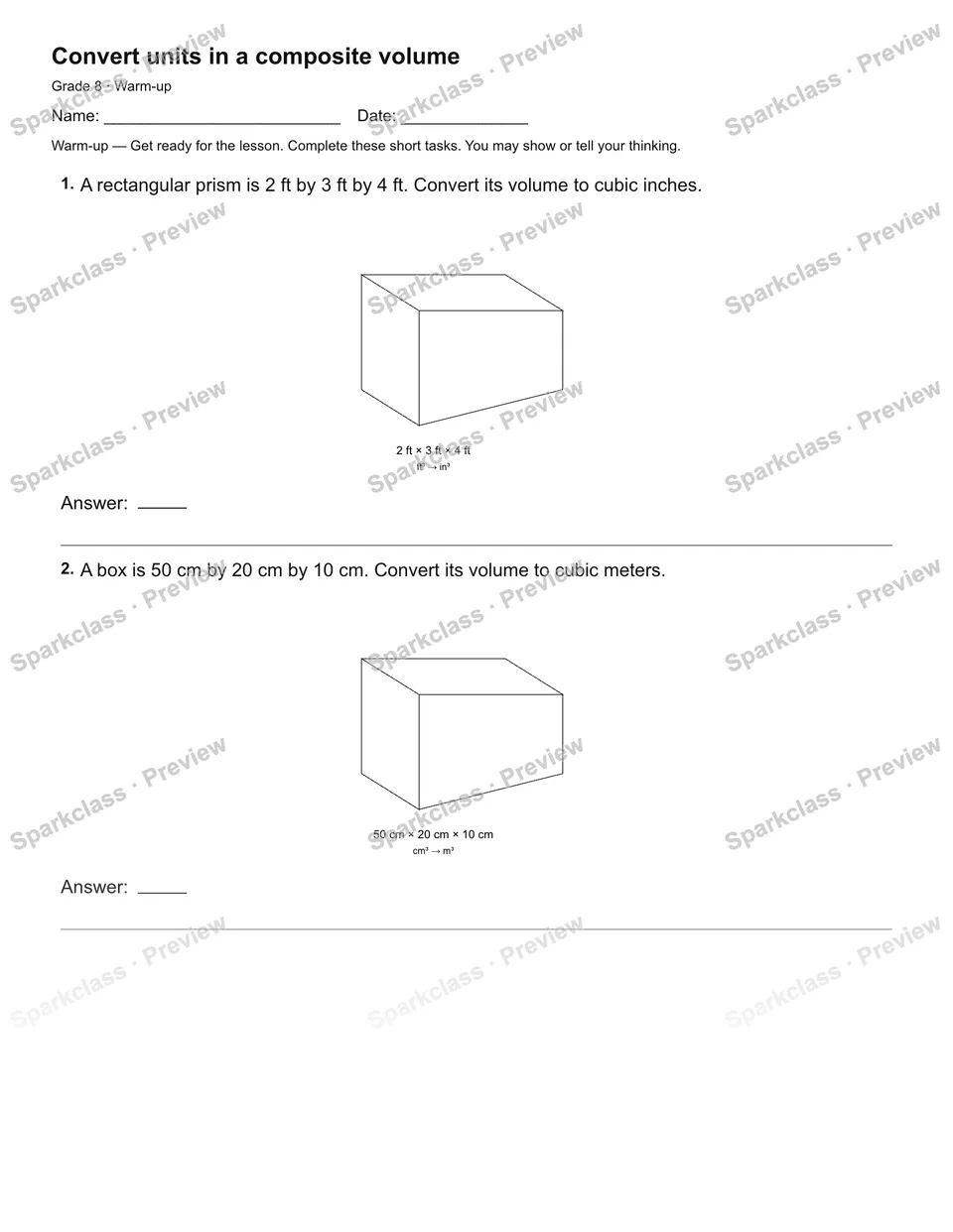 Convert units in a composite volume — Warm-up — Grade 8 worksheet preview