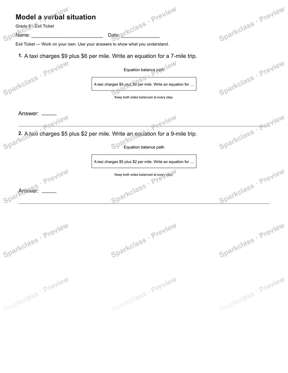 Model a verbal situation — Exit Ticket — page 2