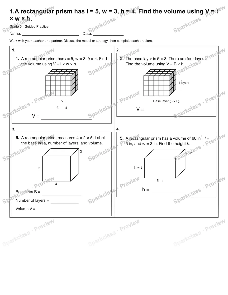 1.A rectangular prism has l = 5, w = 3, h = 4. Find the volume using V = l × w × h. — Guided Practice — Grade 5 worksheet preview
