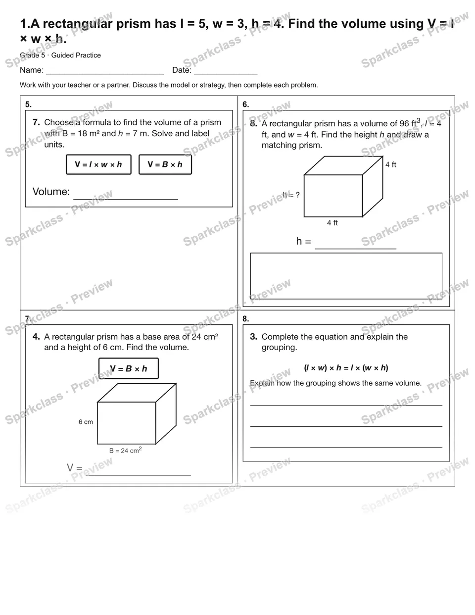 1.A rectangular prism has l = 5, w = 3, h = 4. Find the volume using V = l × w × h. — Guided Practice — page 2