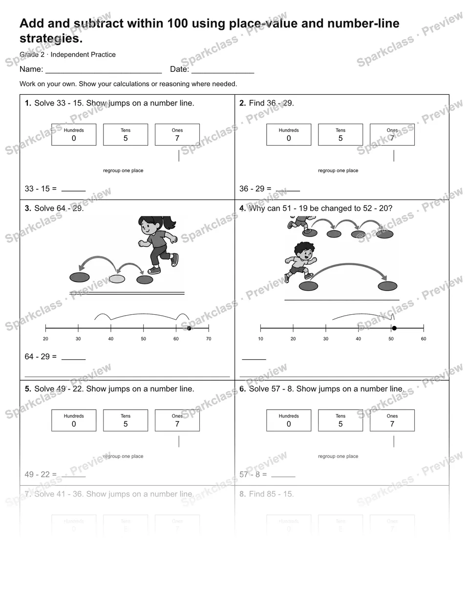 Add and subtract within 100 using place-value and number-line strategies. — Independent Practice — Grade 2 worksheet preview