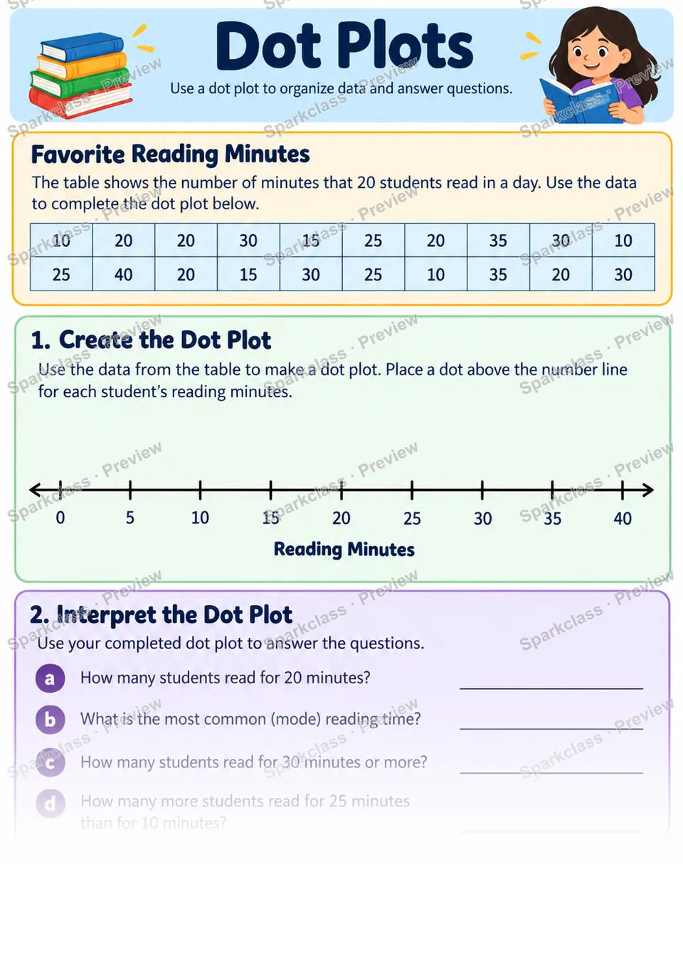 Dot Plots — Grade 6 worksheet preview