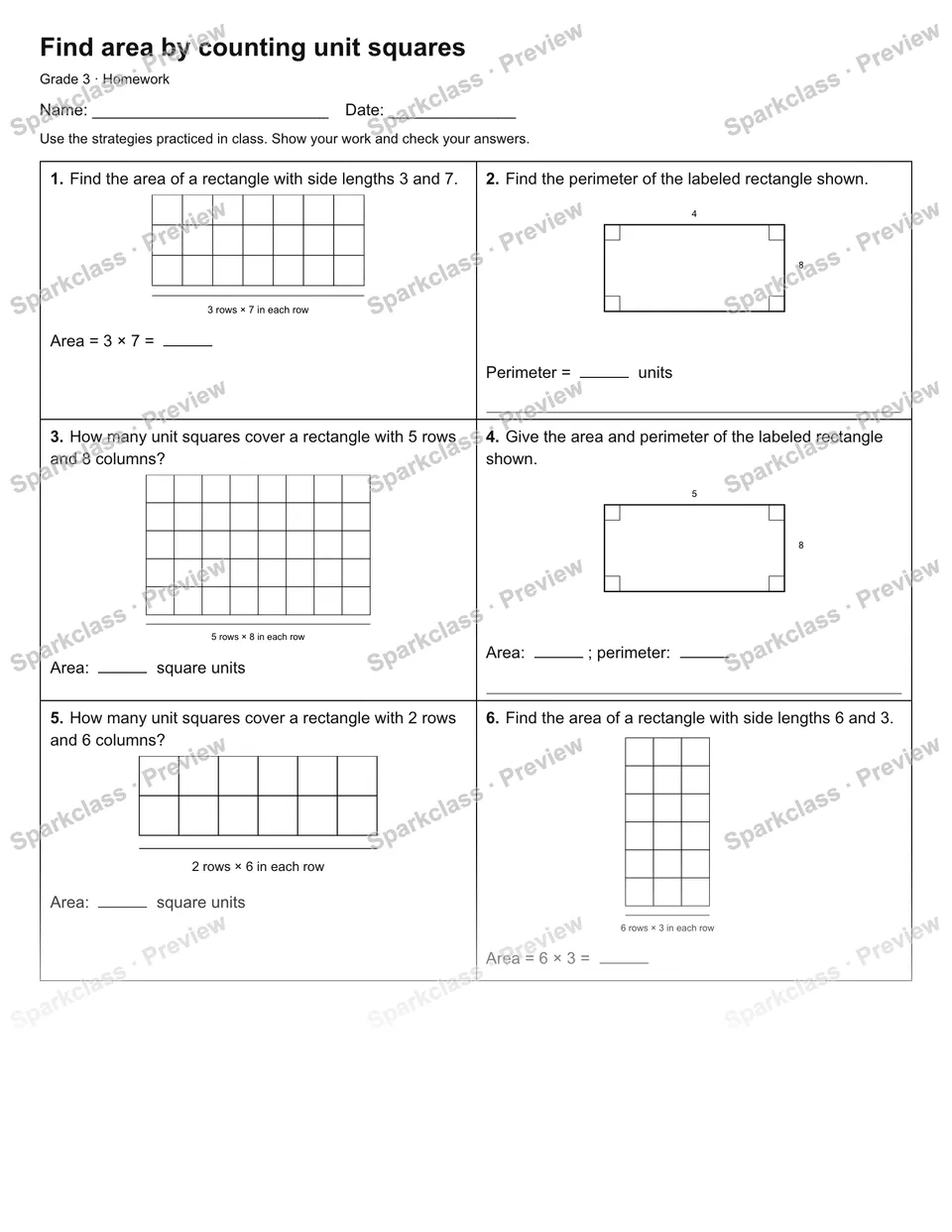Find area by counting unit squares — Homework — Grade 3 worksheet preview