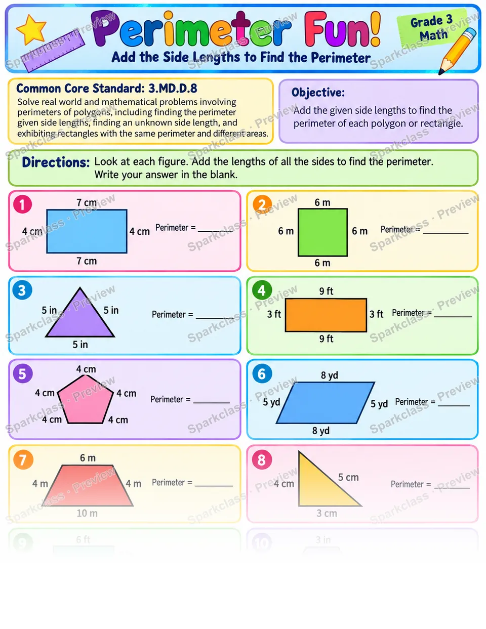 Perimeter Side Lengths 01 — Grade 3 worksheet preview