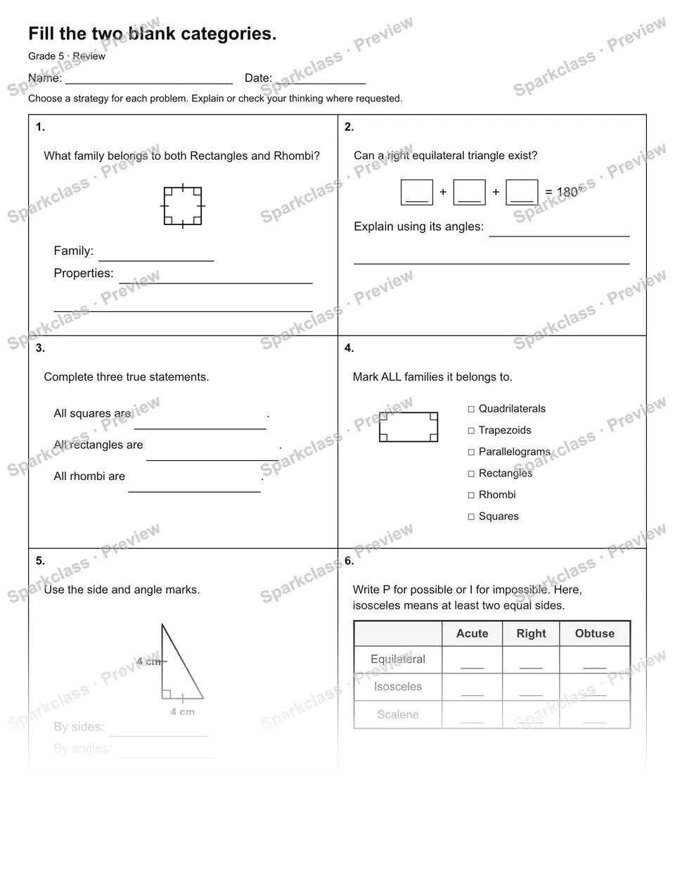 Fill the two blank categories. — Review — Grade 5 worksheet preview