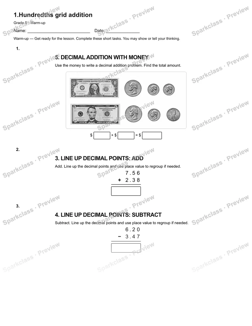 1.Hundredths grid addition — Warm-up — Grade 5 worksheet preview