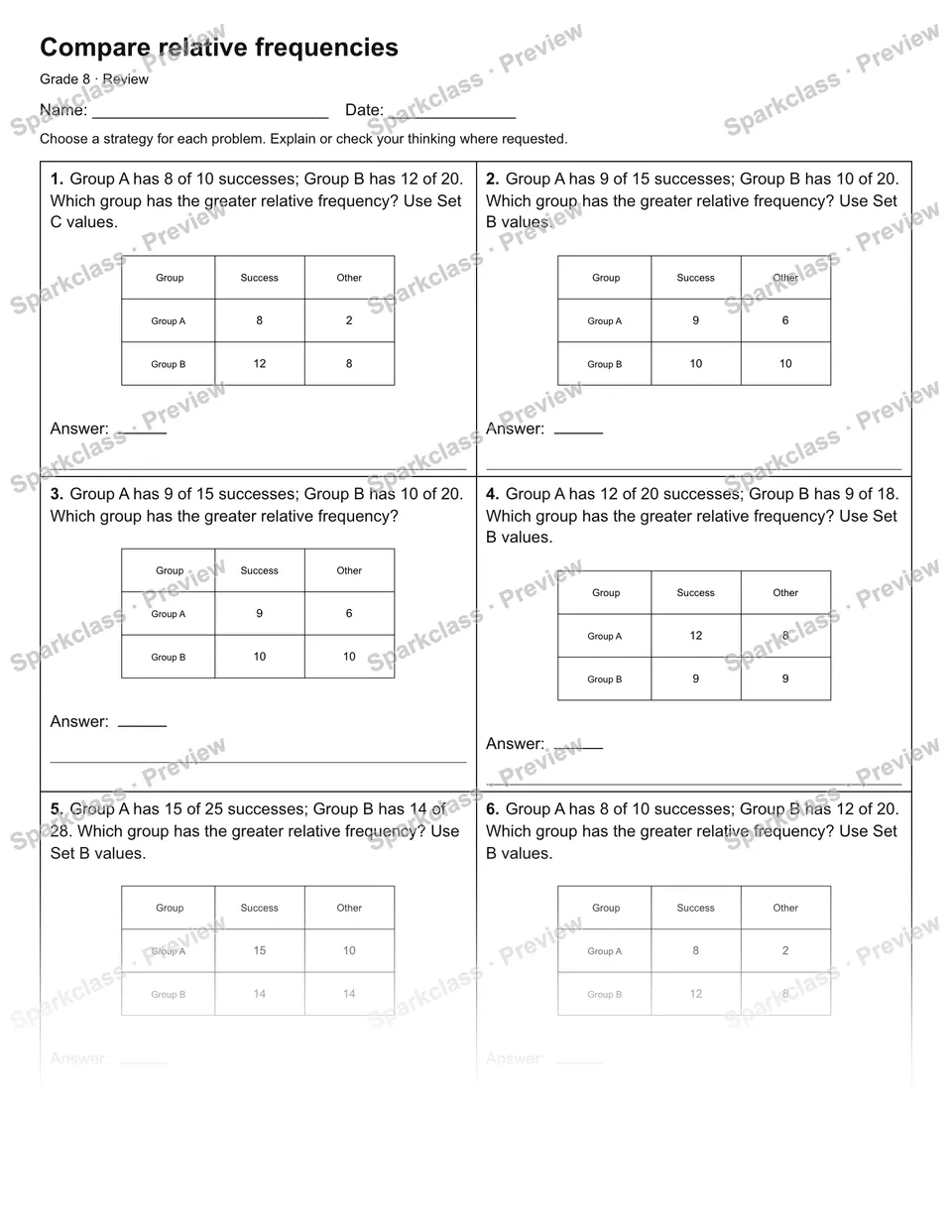 Compare relative frequencies — Review — Grade 8 worksheet preview