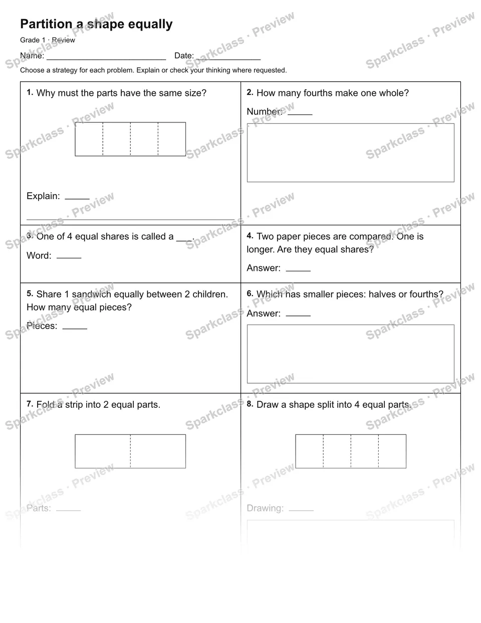 Partition a shape equally — Review — Grade 1 worksheet preview