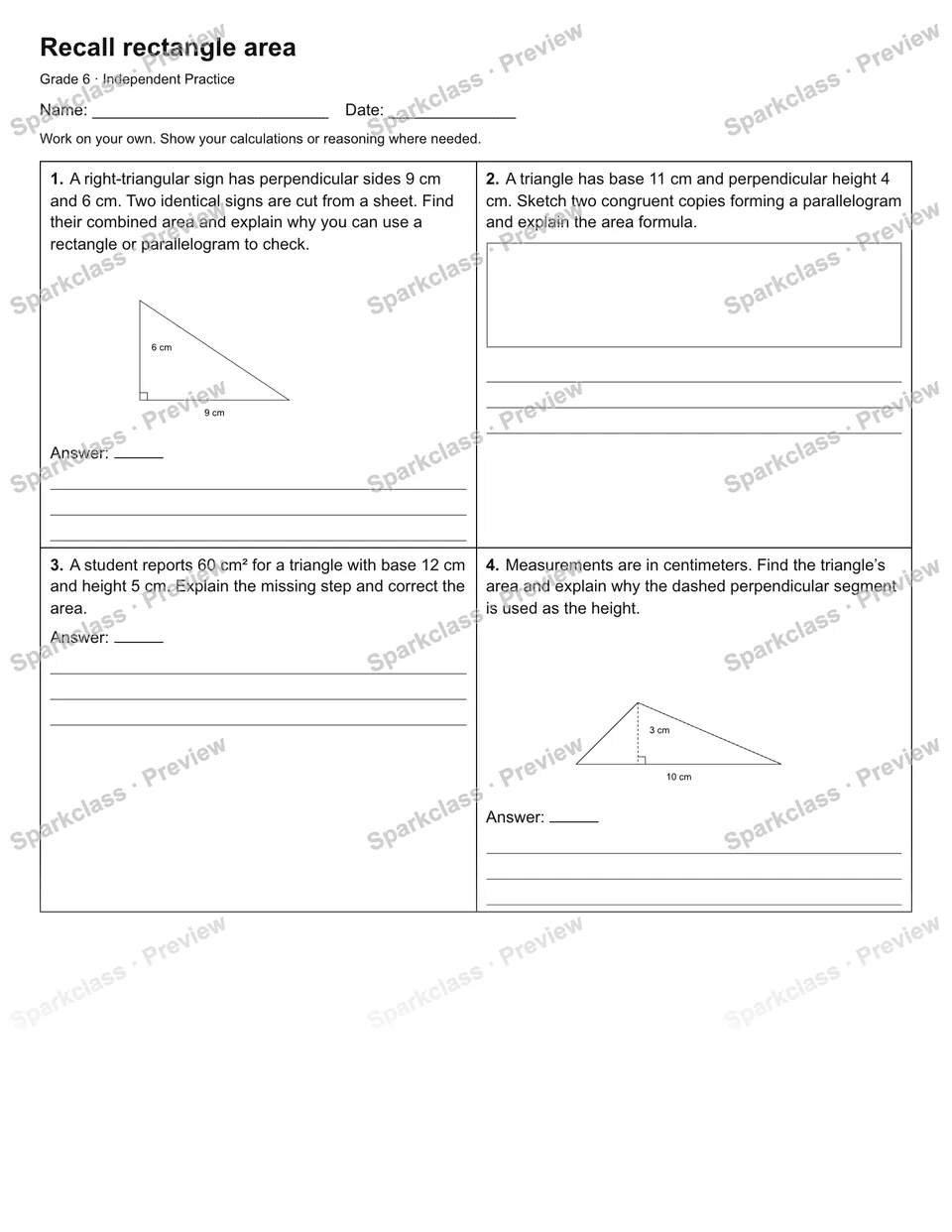 Recall rectangle area — Independent Practice — Grade 6 worksheet preview