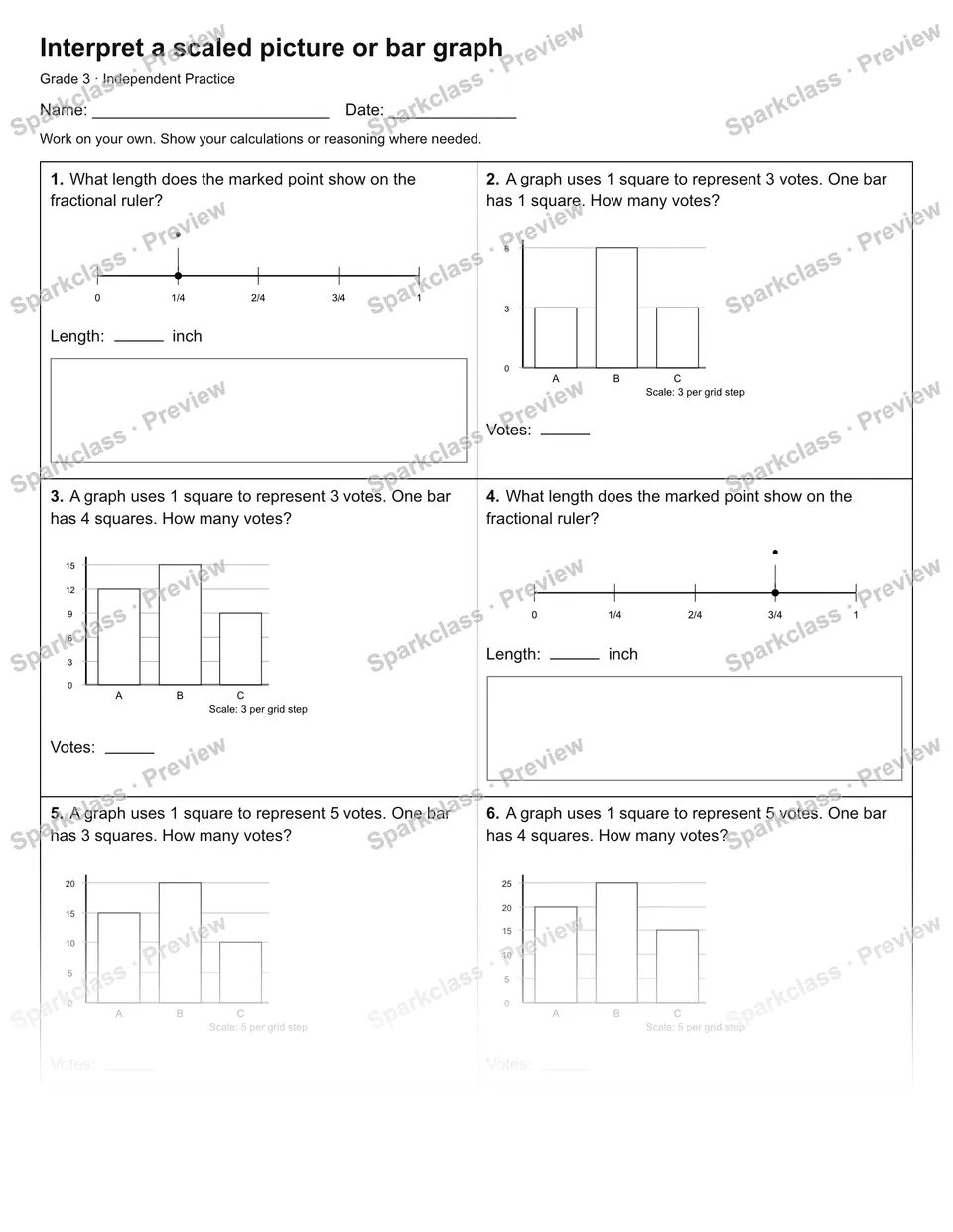 Interpret a scaled picture or bar graph — Independent Practice — Grade 3 worksheet preview