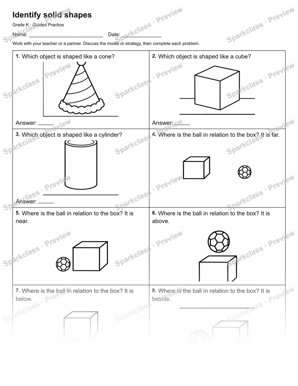 Identify solid shapes — Guided Practice — Kindergarten worksheet preview