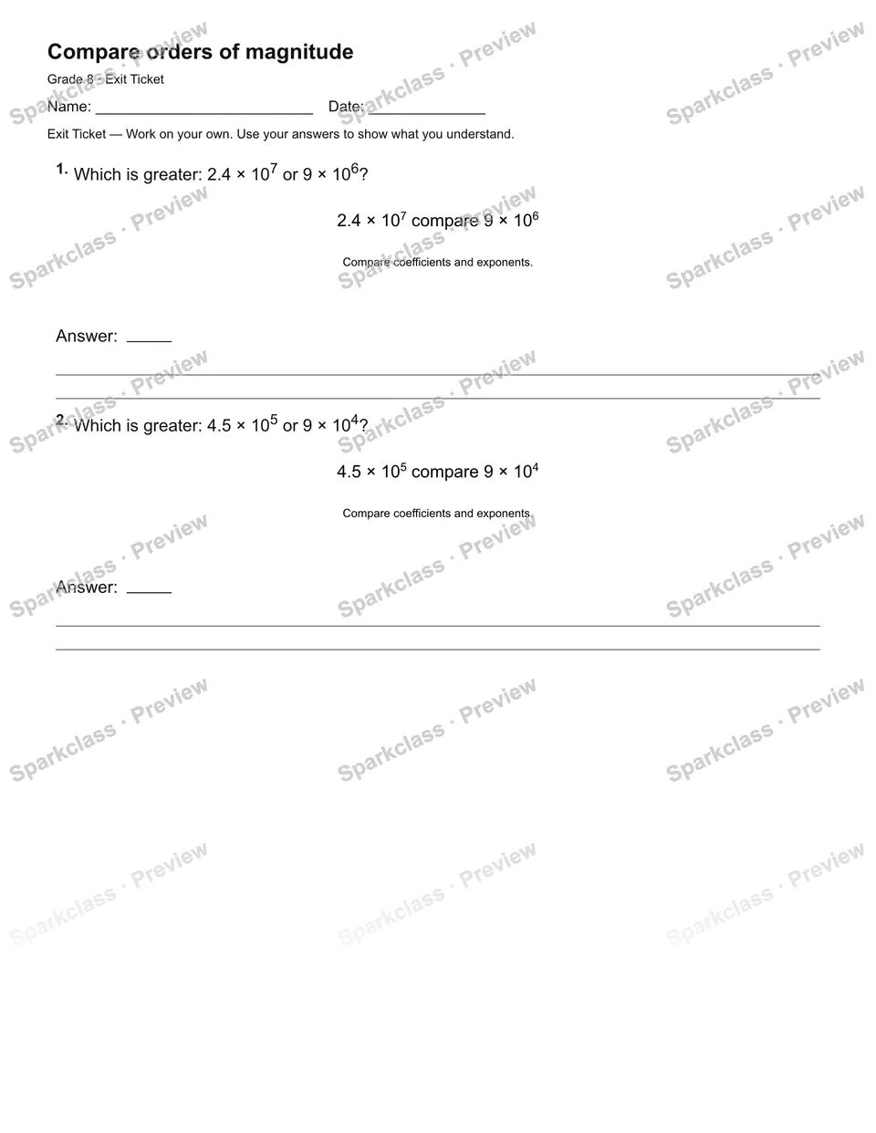 Compare orders of magnitude — Exit Ticket — page 2