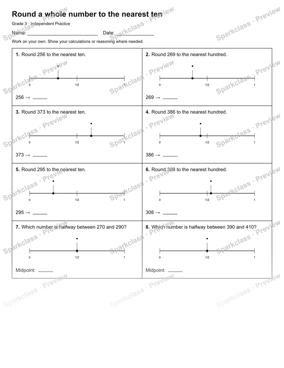 Round a whole number to the nearest ten — Independent Practice — Grade 3 worksheet preview