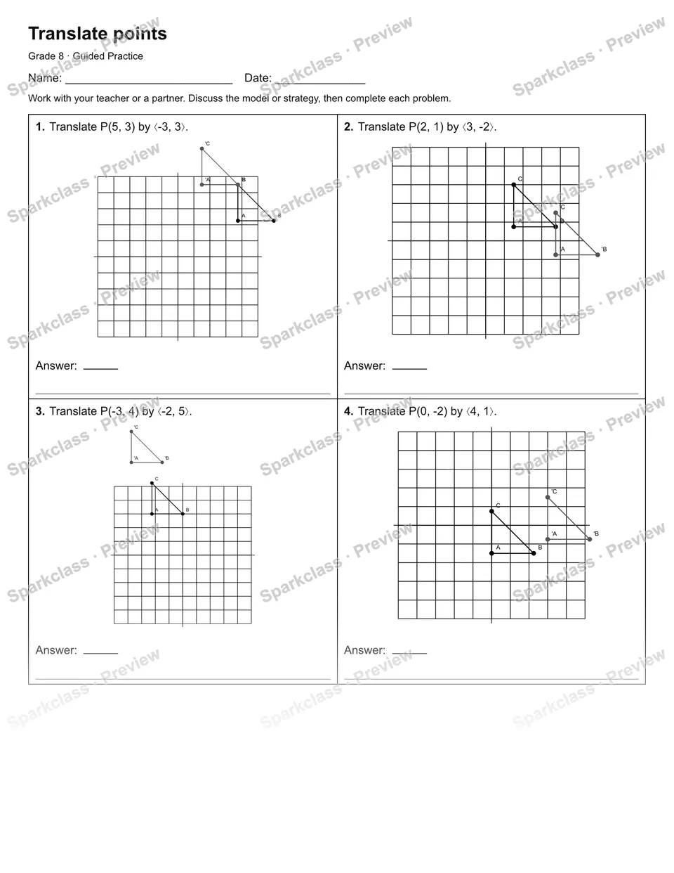 Translate points — Guided Practice — Grade 8 worksheet preview
