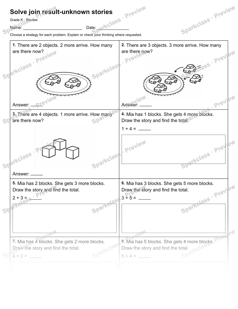 Solve join result-unknown stories — Review — Kindergarten worksheet preview