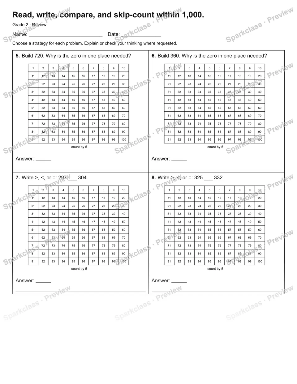 Read, write, compare, and skip-count within 1,000. — Review — page 2