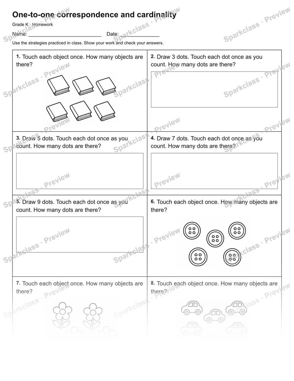 One-to-one correspondence and cardinality — Homework — Kindergarten worksheet preview