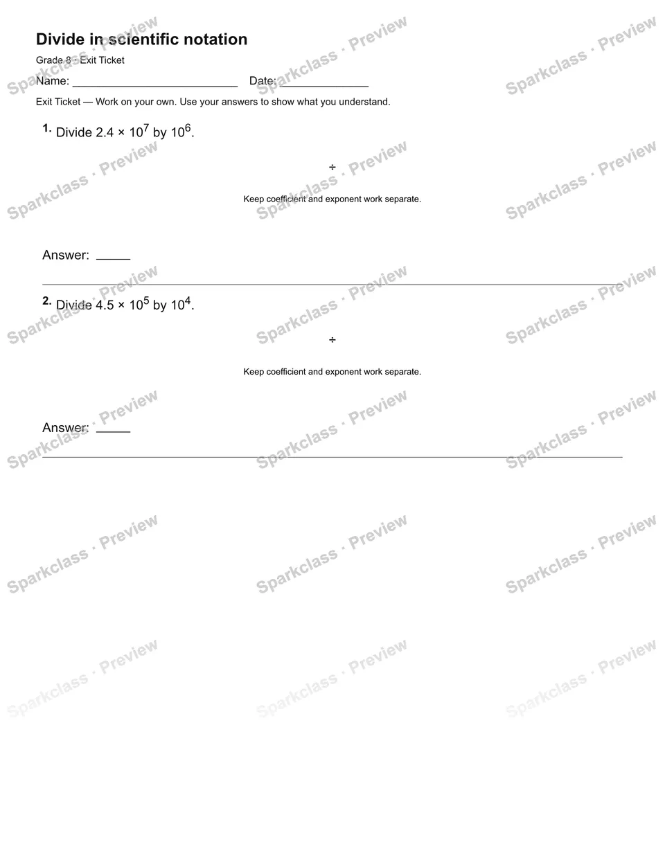 Divide in scientific notation — Exit Ticket — page 2