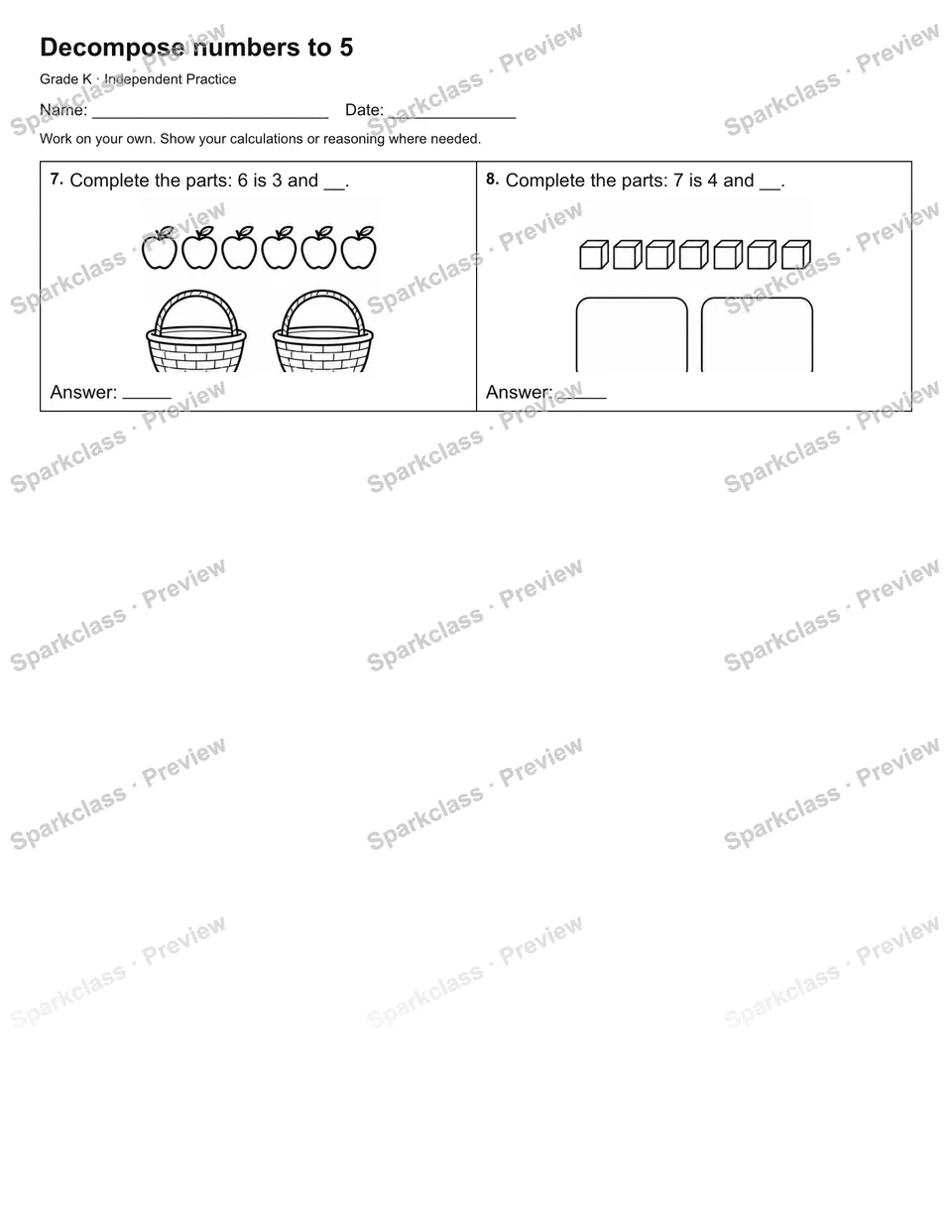Decompose numbers to 5 — Independent Practice — page 2