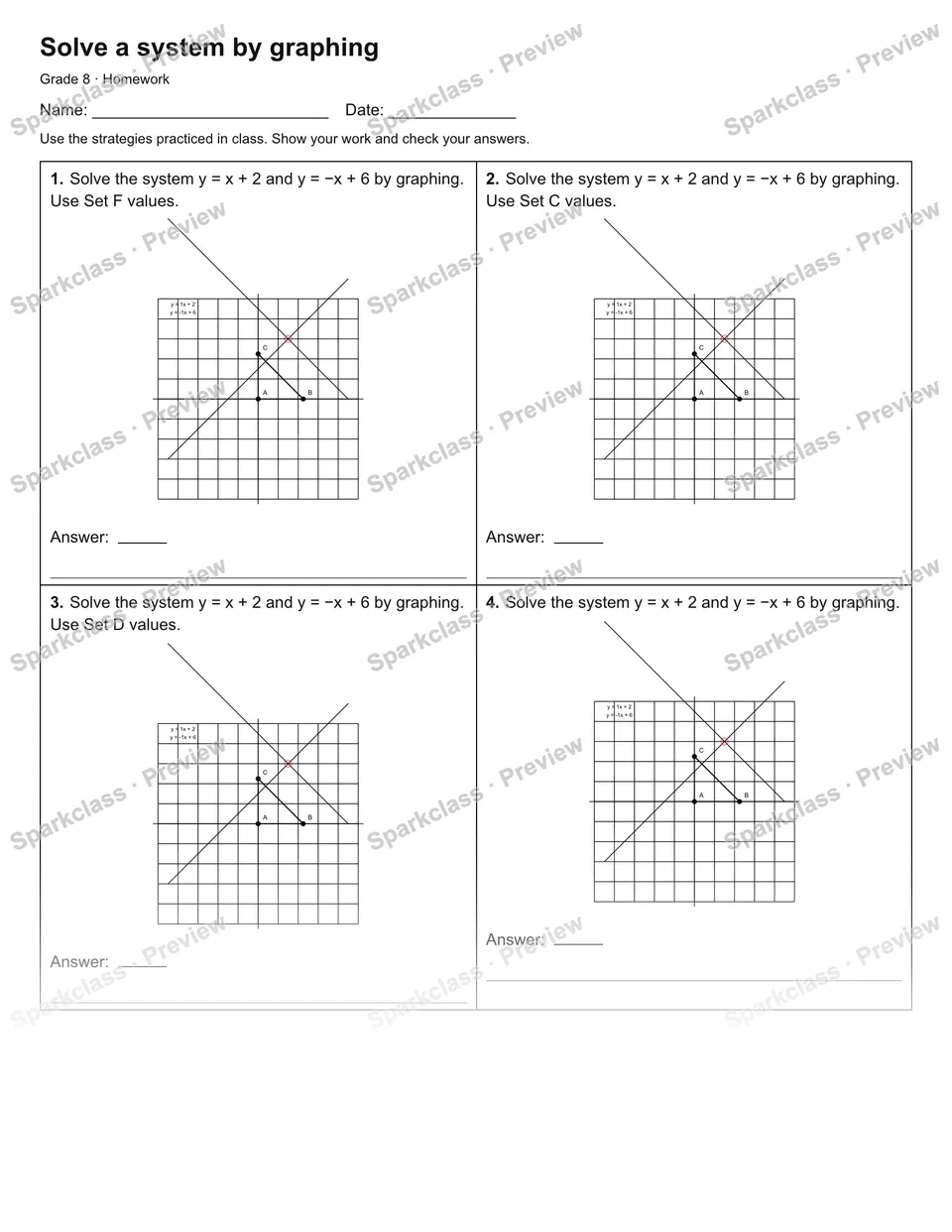 Solve a system by graphing — Homework — Grade 8 worksheet preview
