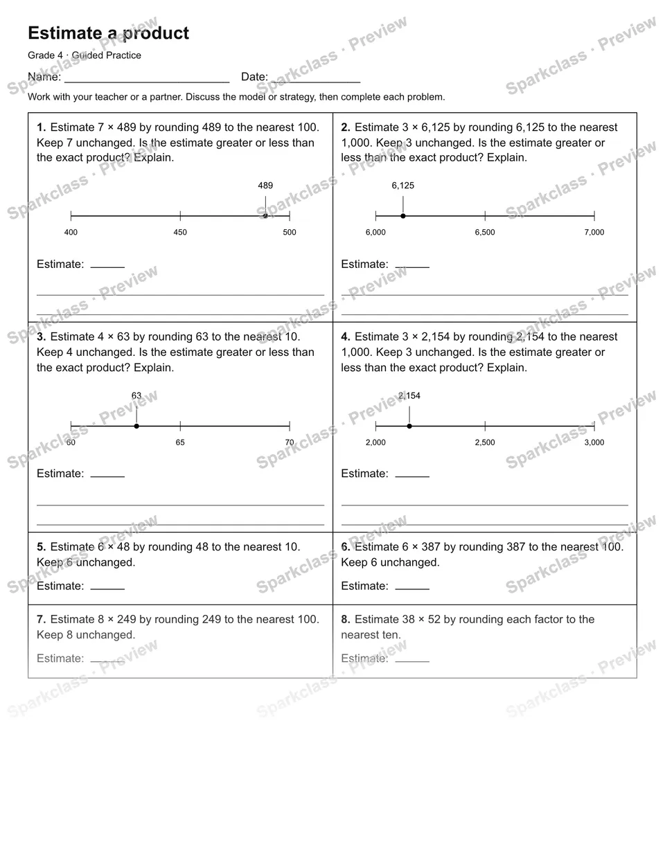 Estimate a product — Guided Practice — Grade 4 worksheet preview